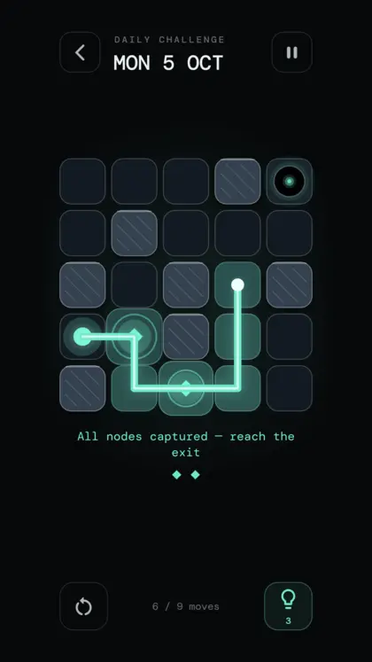 A daily challenge board with every node captured and the line on its way to the exit